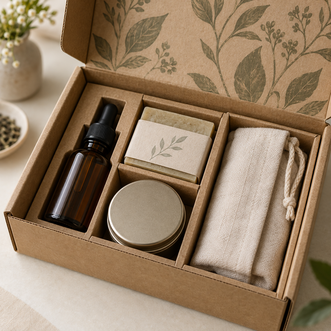Custom subscription box with recyclable kraft dividers for mixed wellness products
