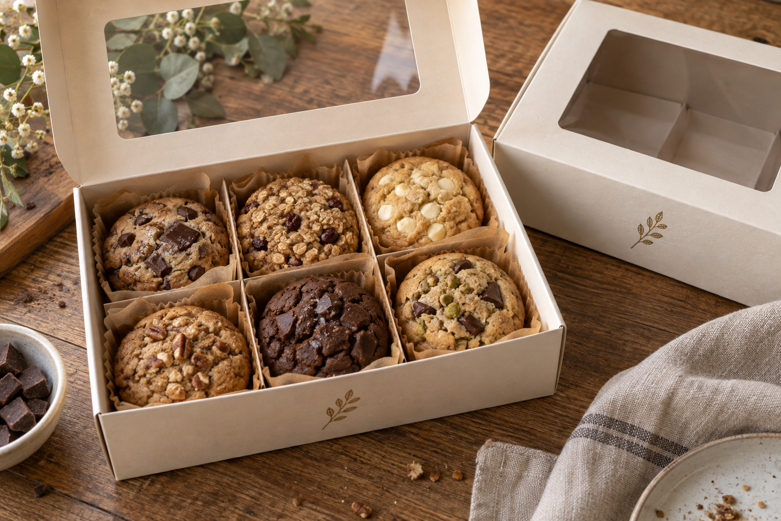 Premium window cookie box with clear film paper cups and precise die-cut edges