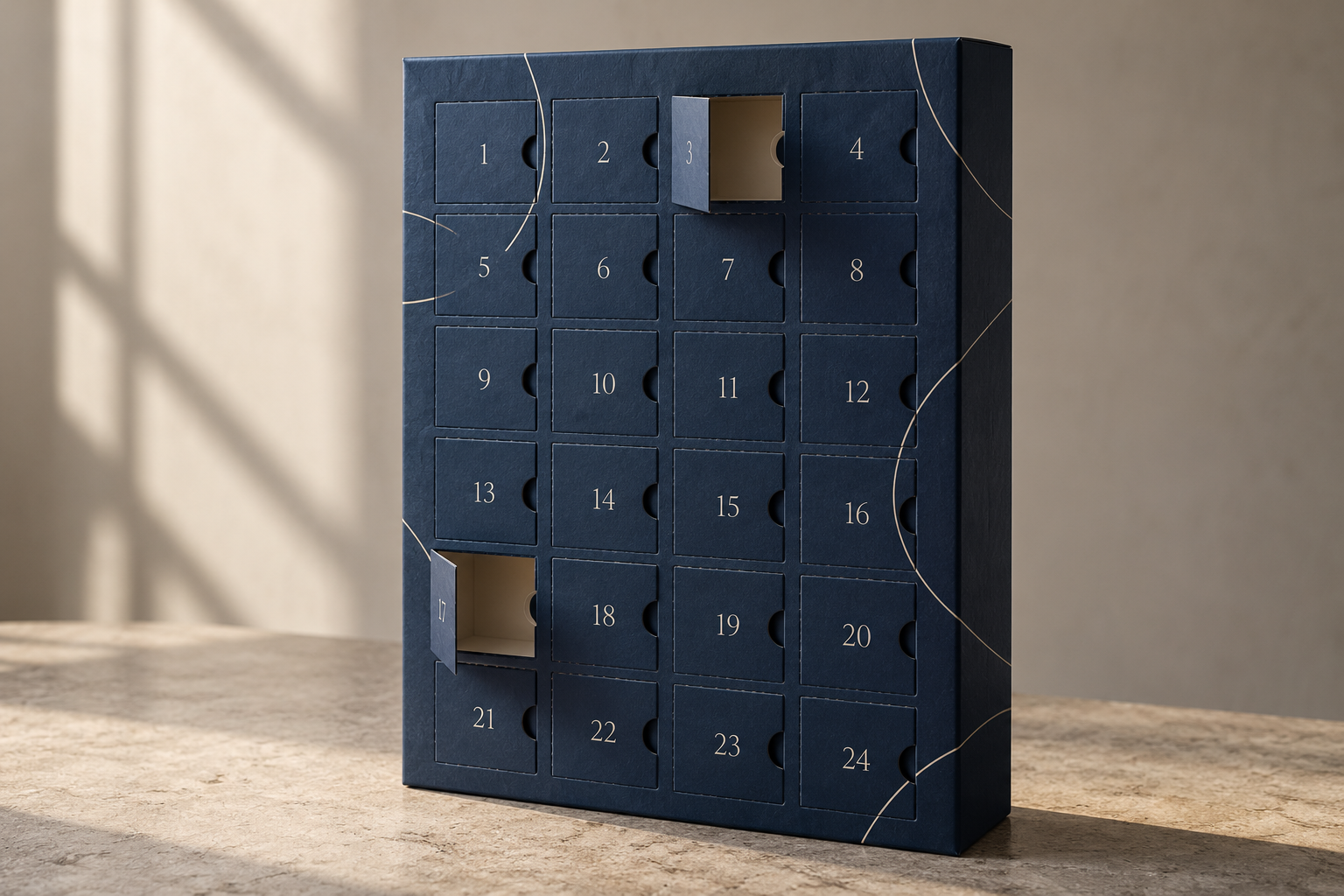 Illustrative concept of a custom 24-door paperboard advent calendar box in matte ink blue