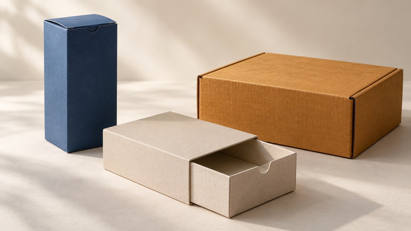 Illustrative blue folding carton, pale rigid drawer box and ochre corrugated mailer showing distinct structures and paper surfaces