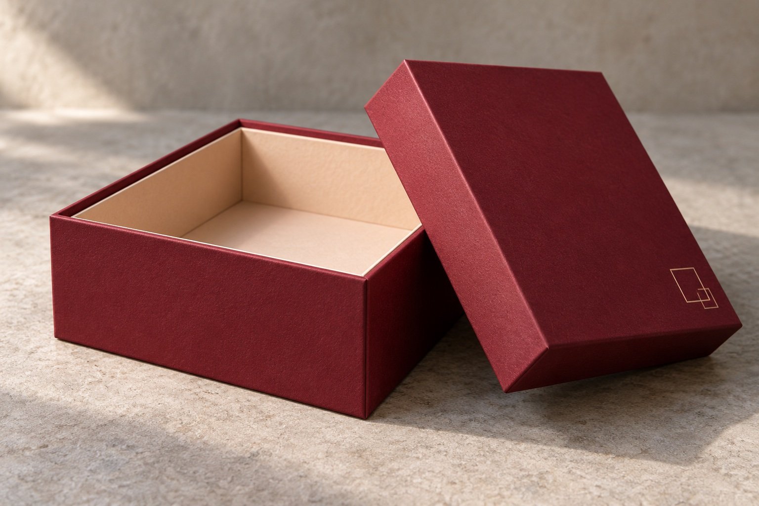 Illustrative burgundy two-piece rigid gift box with a pale inset, shown open to reveal wrapped-board surfaces