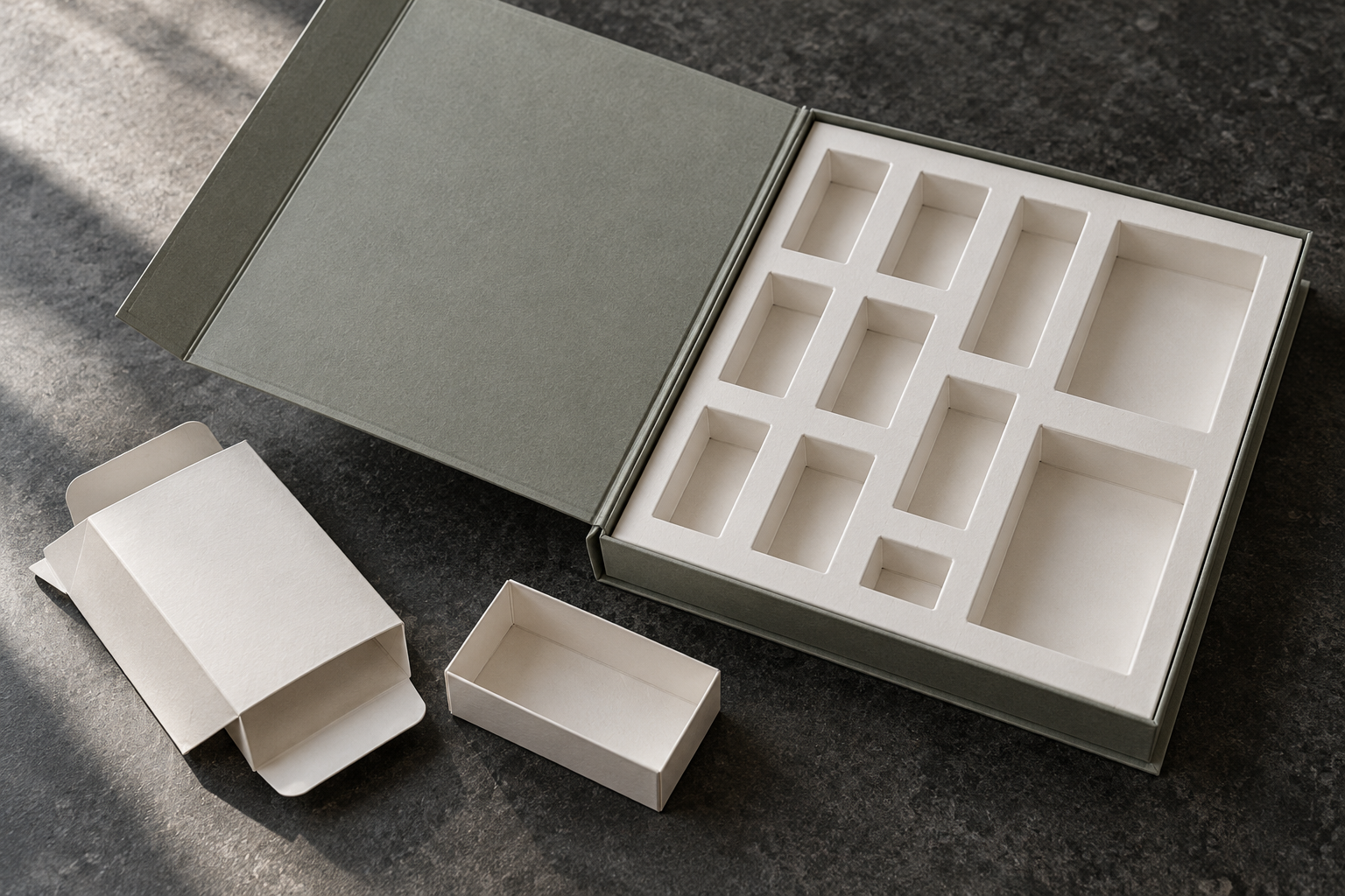 Illustrative concept of an open advent calendar box with empty fitted paperboard compartments