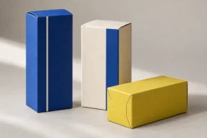 Original concept of cobalt, cream and citron folding cartons with realistic paperboard seams