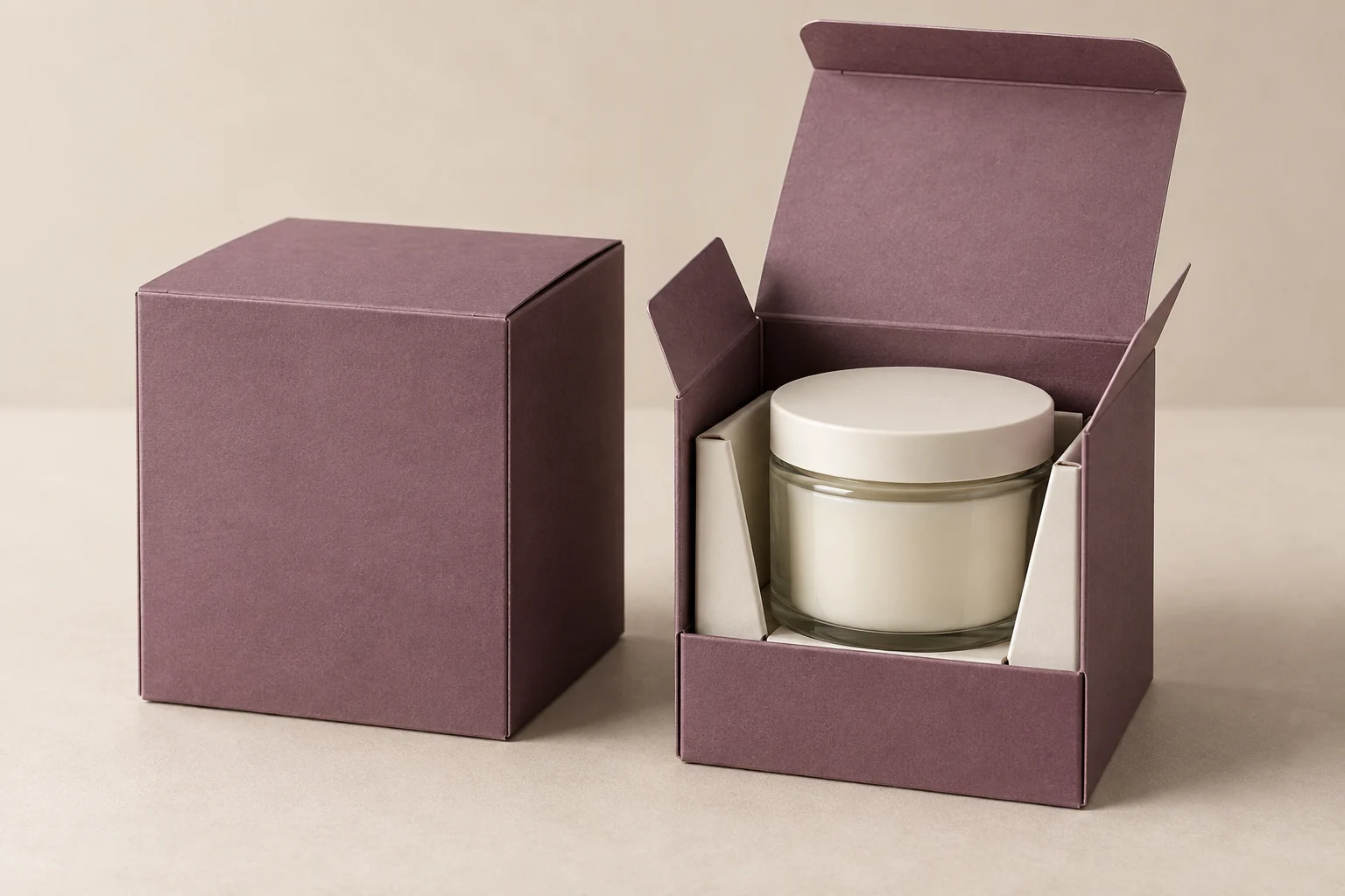 Illustrative plum retail carton with a closed glass jar seated in a paperboard cradle