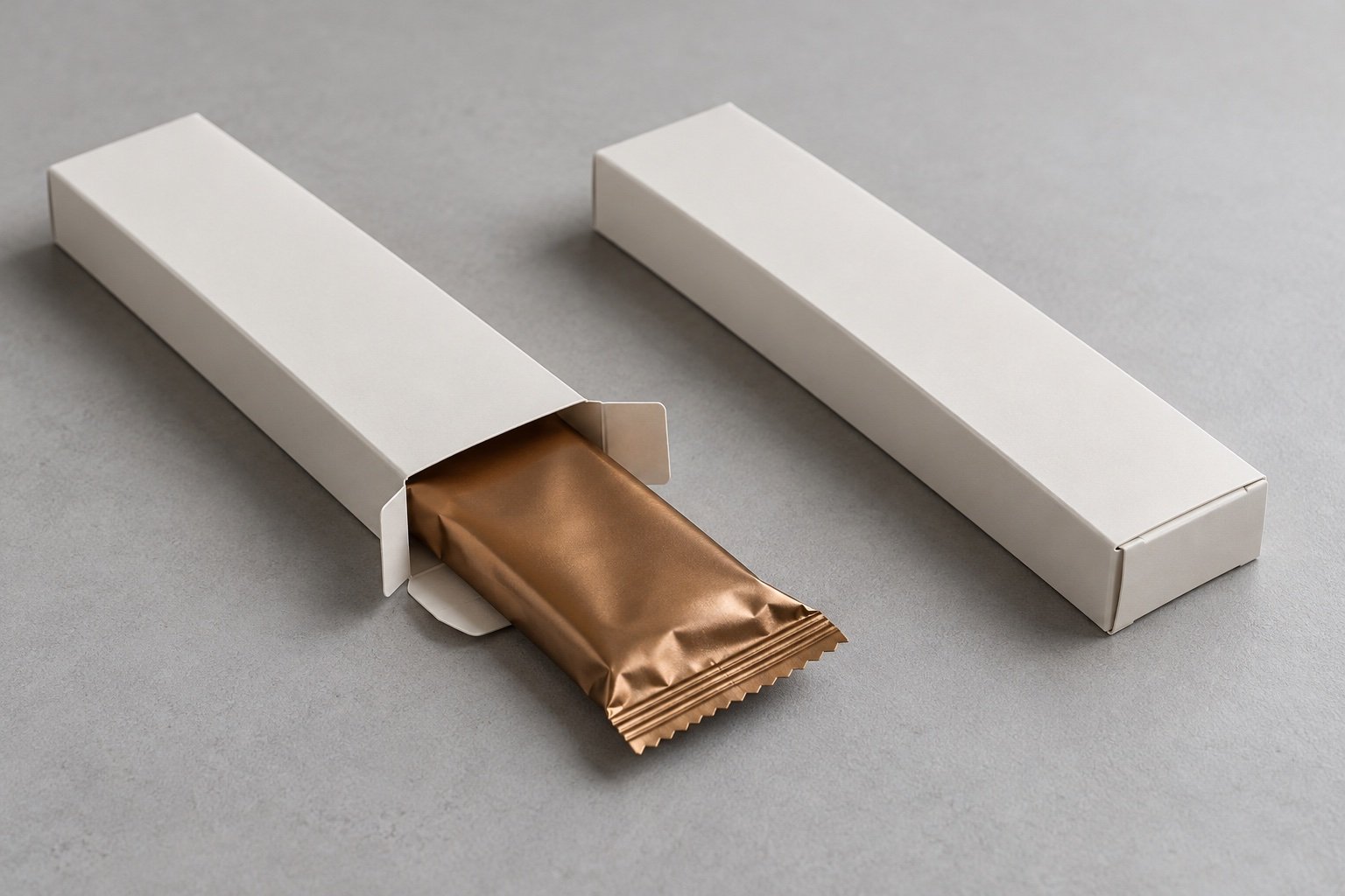 Concept photo of a plain folding carton with a sealed chocolate bar wrapper partly inserted to show fit