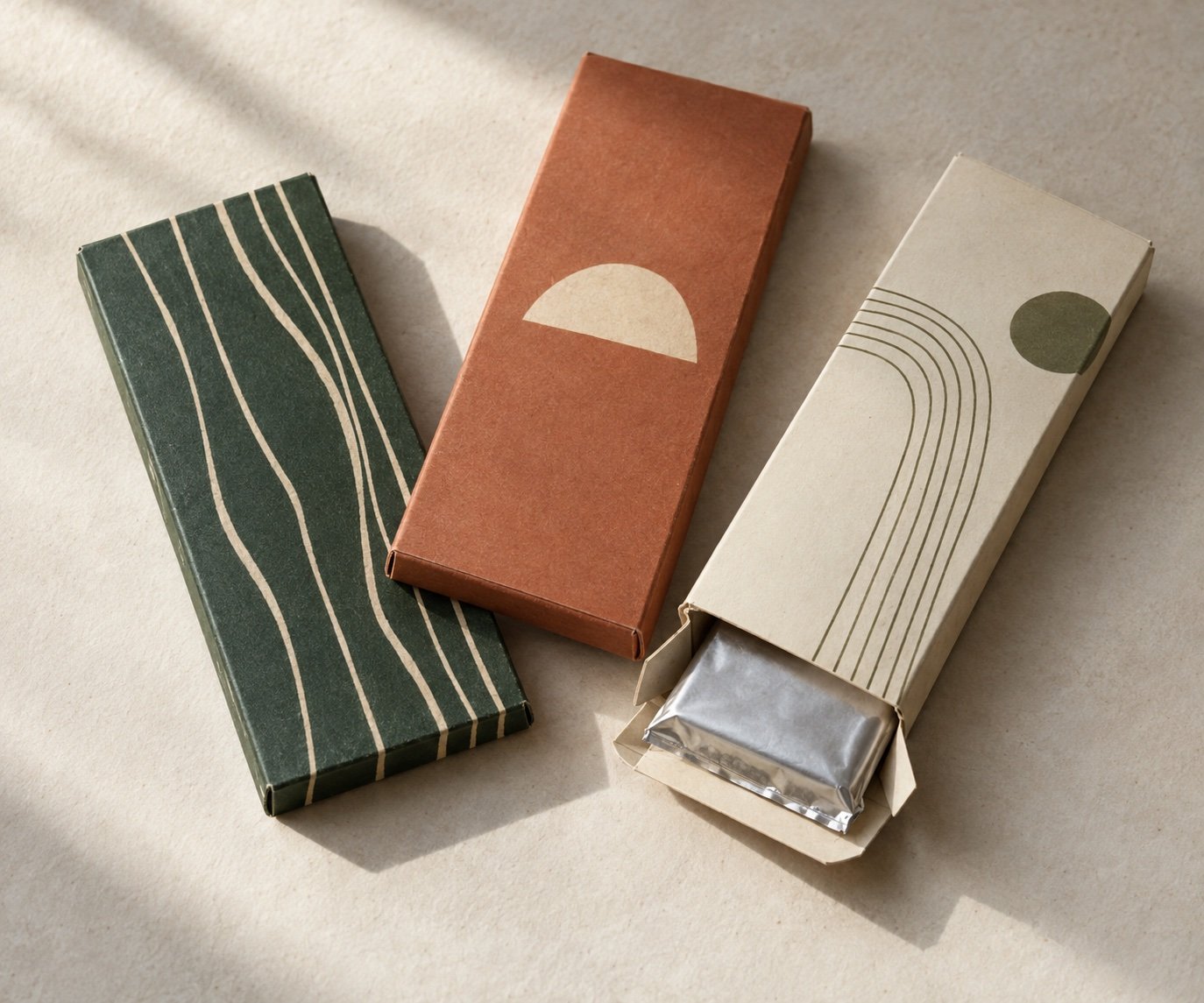 Concept photo of three differently printed single-bar cartons, with one sealed bar wrapper visible