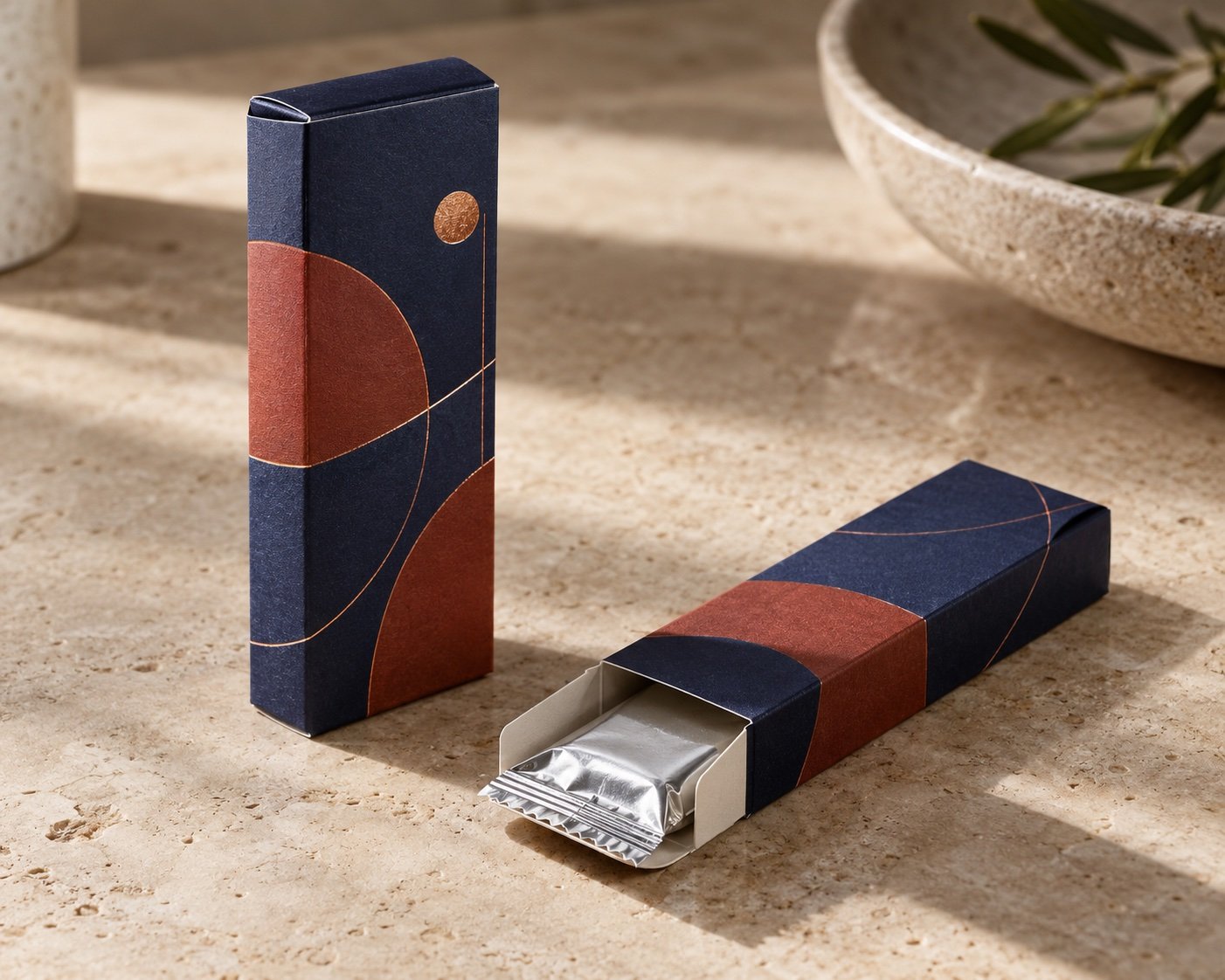Concept photo of deep-indigo printed chocolate bar cartons, with one separately sealed bar partly visible