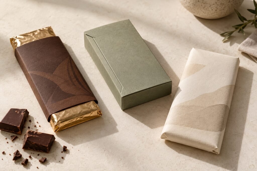 Concept comparison of a foil-wrapped chocolate bar with a paperboard sleeve and a folding carton