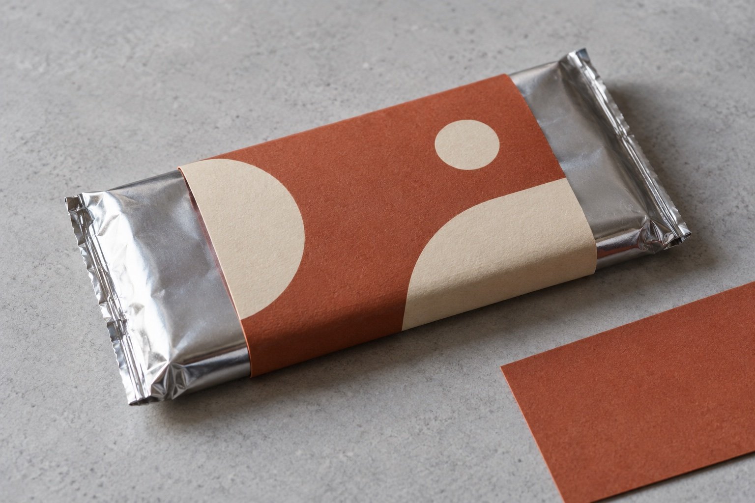 Concept image of a terracotta paperboard band around a foil-wrapped chocolate bar, with both ends visible