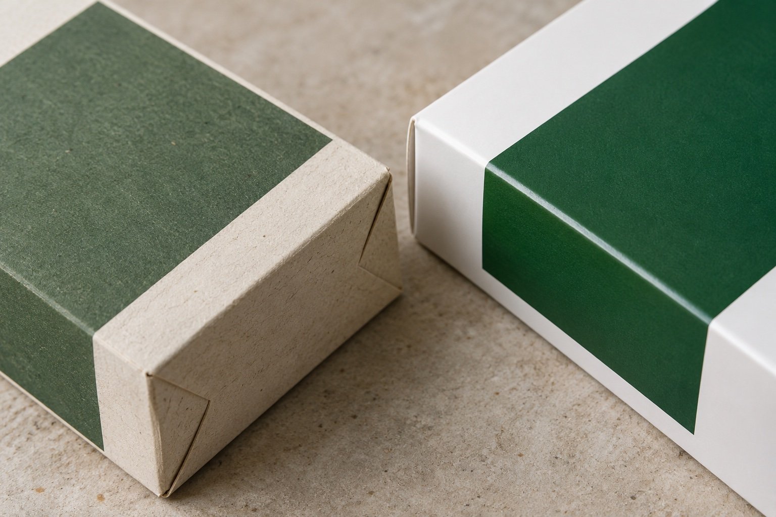 Illustrative close-up of uncoated cream paperboard and coated white paperboard packaging pieces with green printed panels