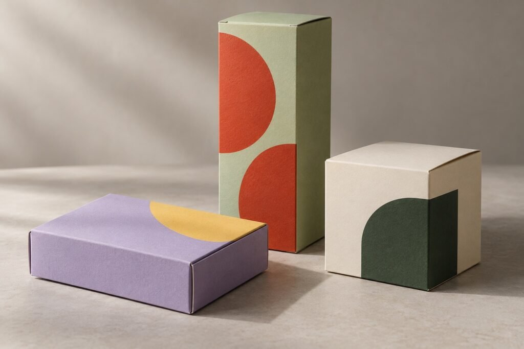 Illustrative studio arrangement of pistachio, lavender and ivory custom folding cartons with printed color accents