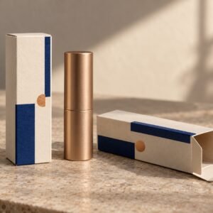 Illustrative cream and cobalt custom lipstick folding cartons beside a closed lipstick tube
