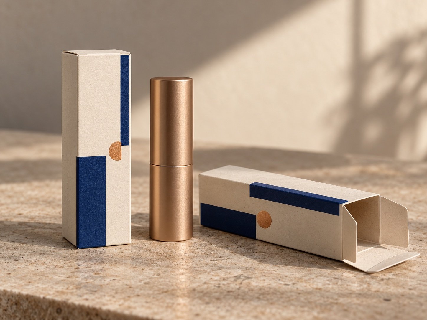 Illustrative cream and cobalt custom lipstick folding cartons beside a closed lipstick tube