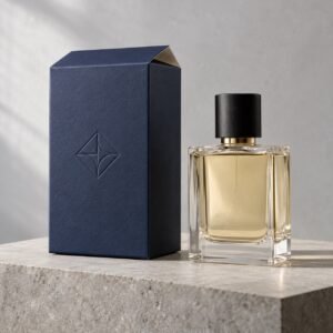 Concept photo of a custom midnight-blue perfume carton beside an unbranded fragrance bottle