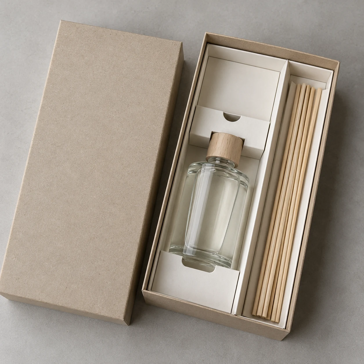 Illustrative open diffuser box with a capped glass bottle and reeds in separate paperboard compartments