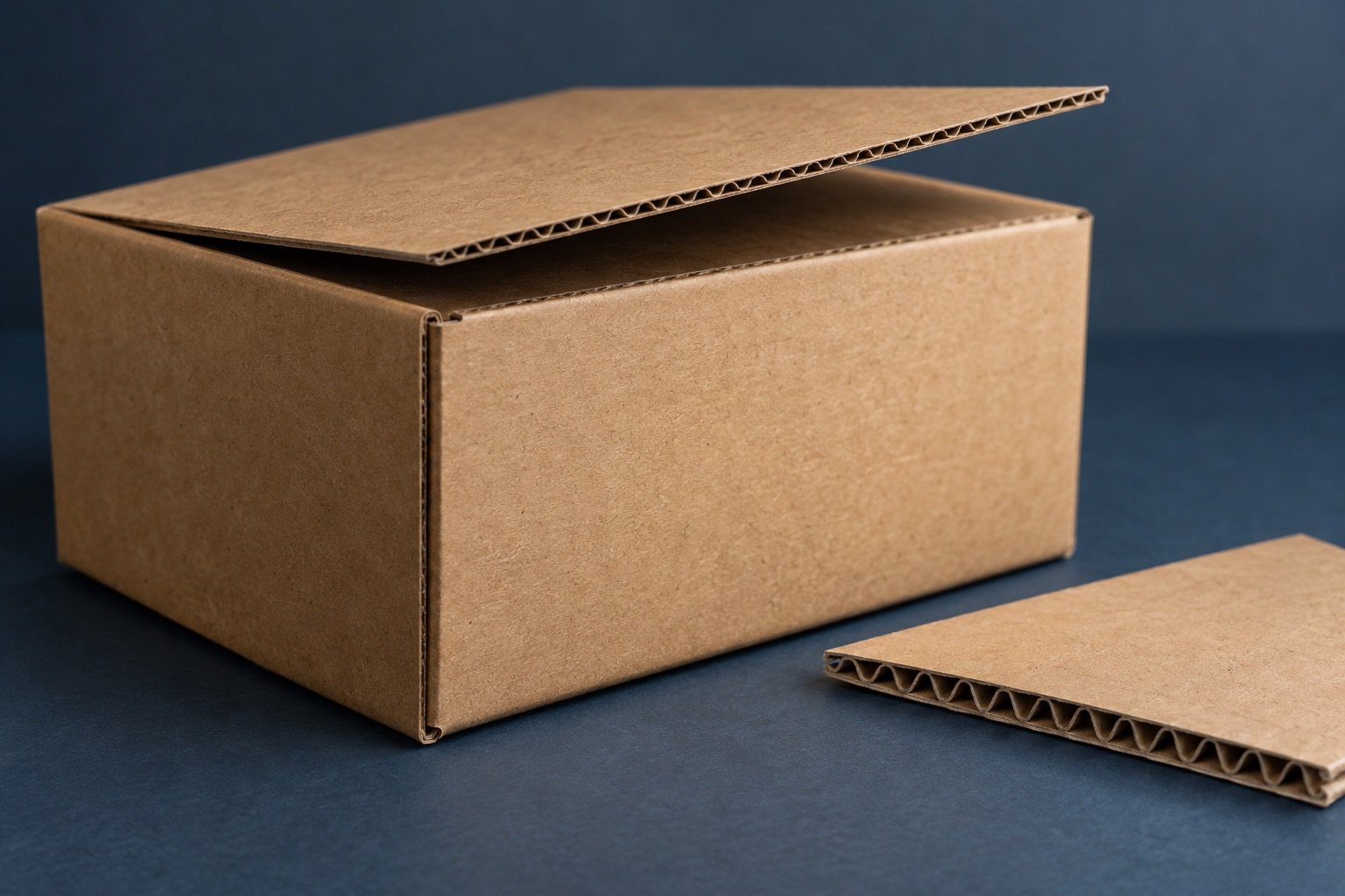 Close-up of a kraft corrugated carton edge and single-wall board sample showing flute structure