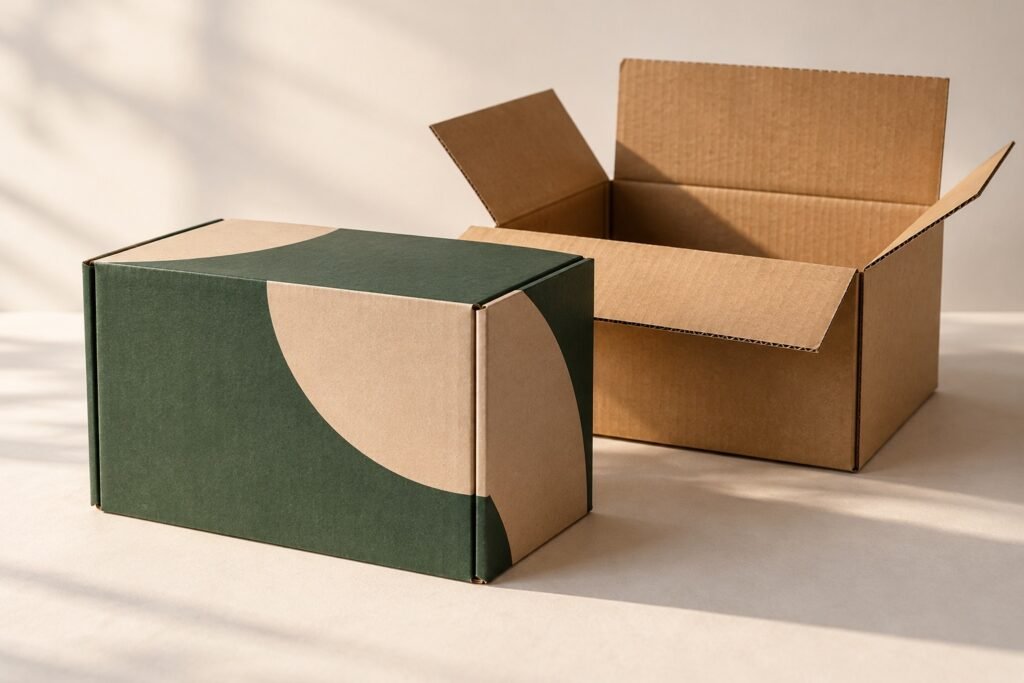 Custom-printed corrugated box beside an open kraft shipping carton, illustrative studio product photograph