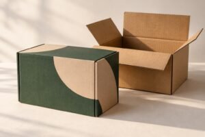 Custom-printed corrugated box beside an open kraft shipping carton, illustrative studio product photograph