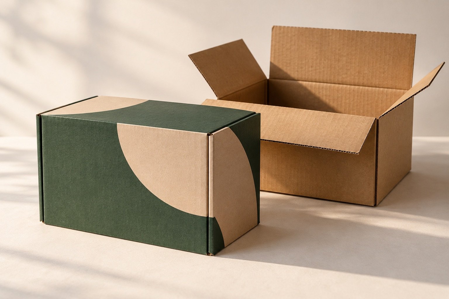 Custom-printed corrugated box beside an open kraft shipping carton in a studio setting