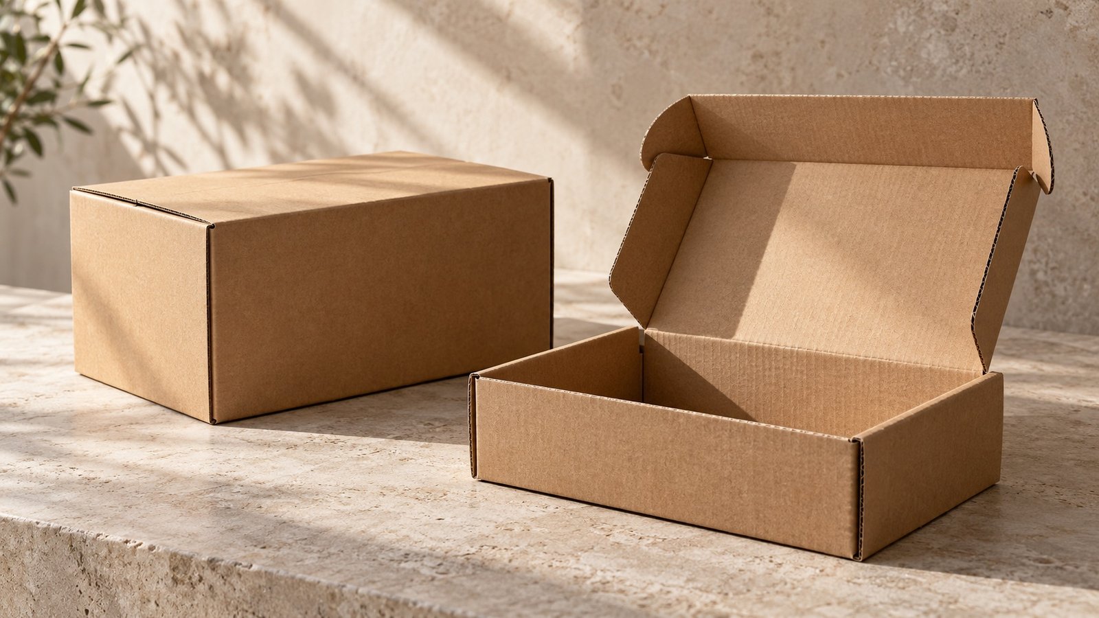 Closed kraft corrugated carton and open kraft mailer box photographed on a neutral studio surface