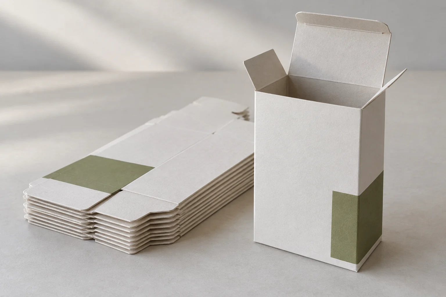 Illustrative flat white carton sleeves beside an erected retail carton with its top lid open