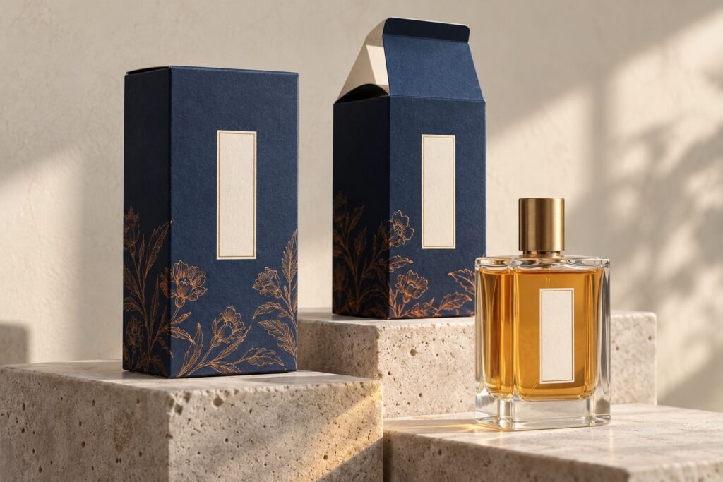 Navy botanical folding cartons and a glass perfume bottle on stone plinths