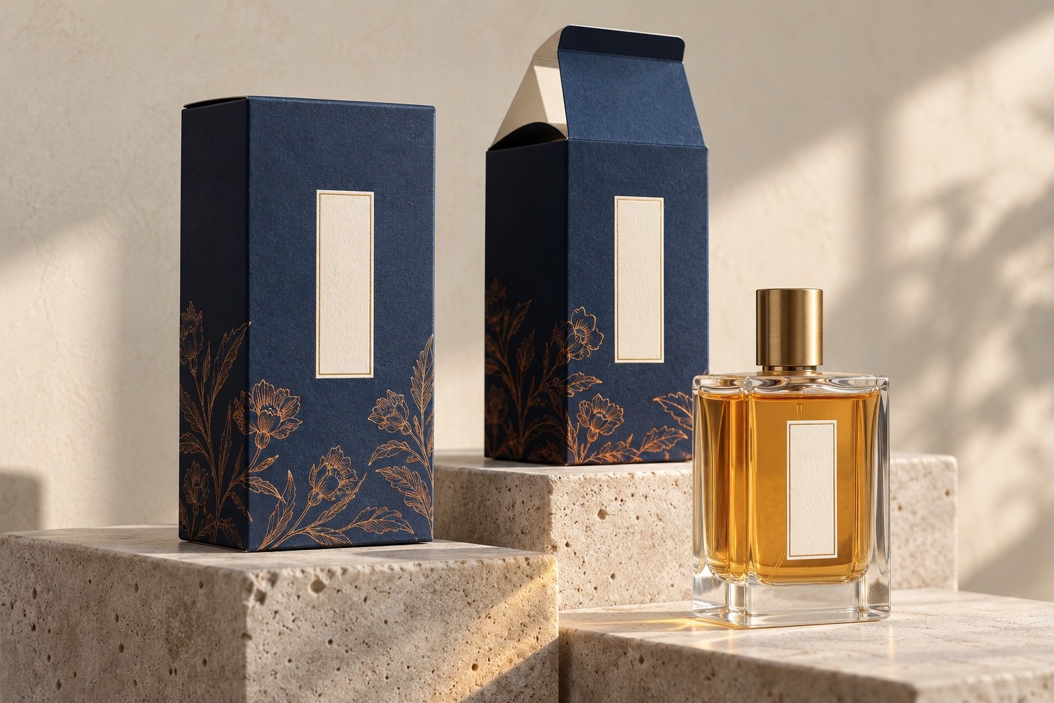 Navy botanical perfume folding cartons with a glass fragrance bottle on stone plinths