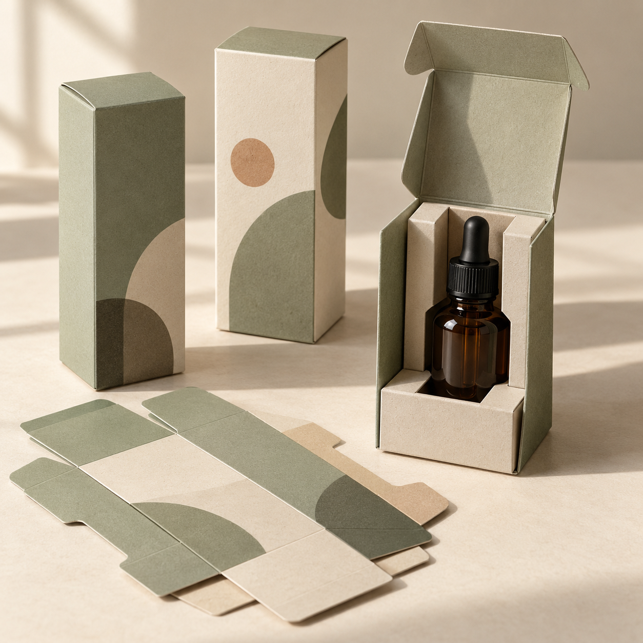 Custom printed folding carton concept with a fitted paperboard insert holding a skincare bottle