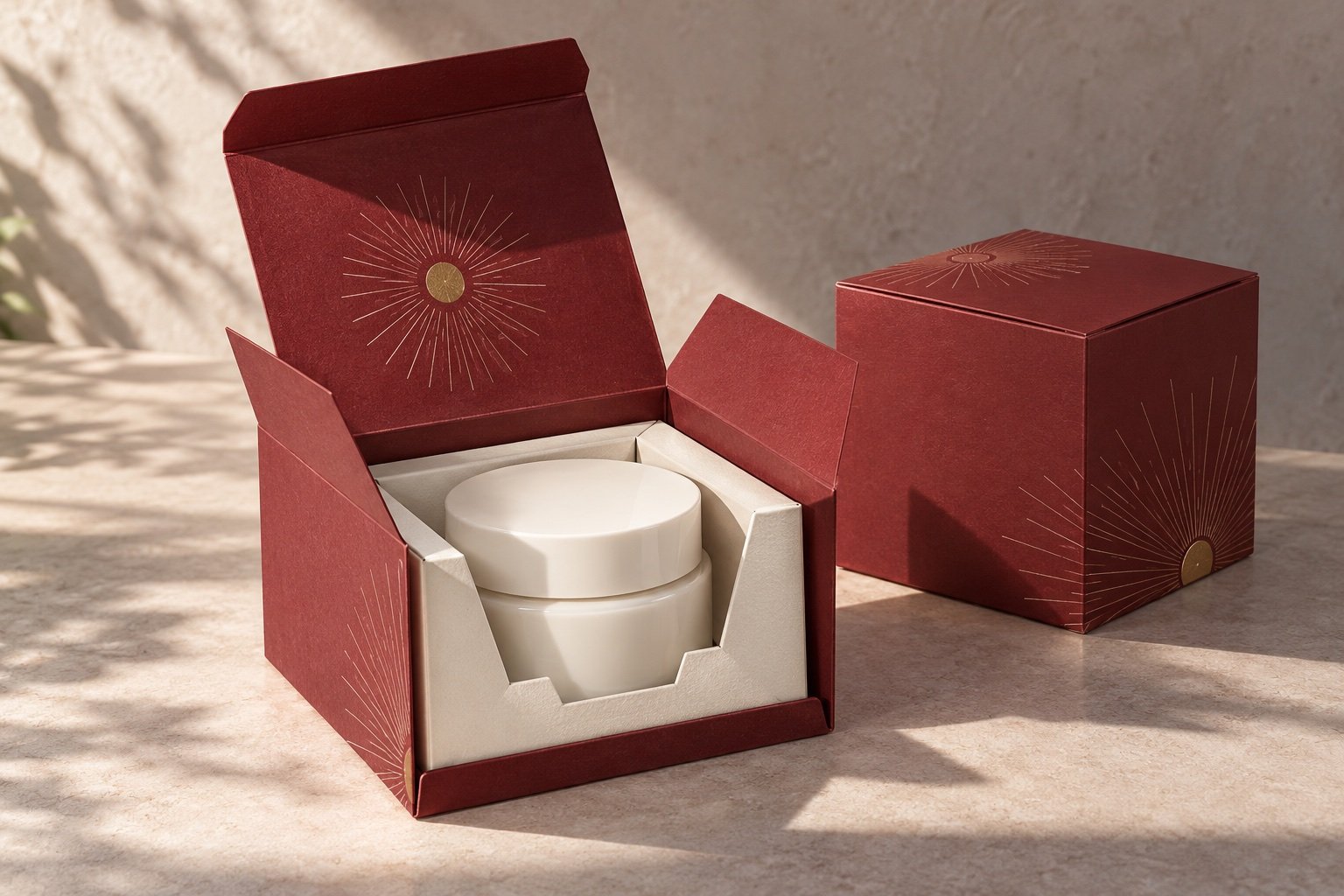 Oxblood skincare folding carton with white cream jar in a fitted paperboard insert