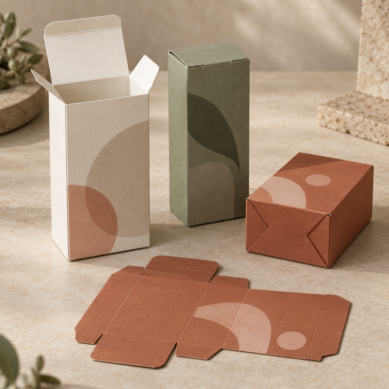 Straight tuck, reverse tuck and auto-bottom folding carton concepts beside a flat paperboard blank