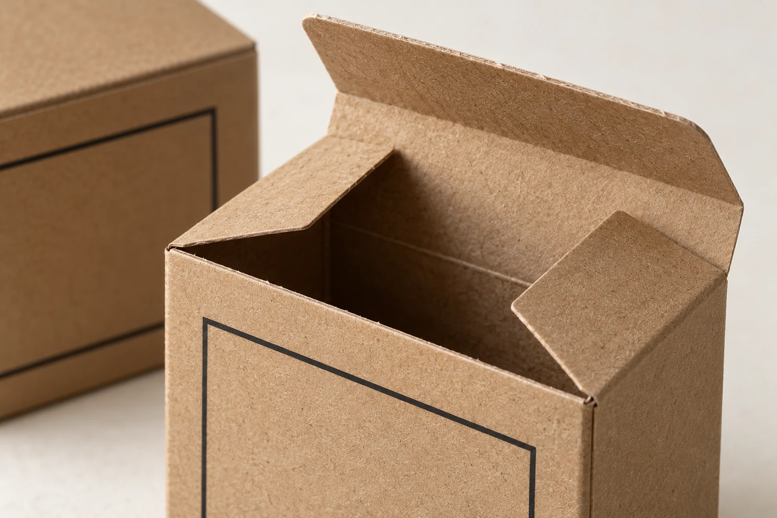 Illustrative close-up of a kraft folding carton with its tuck flap and dust flaps open