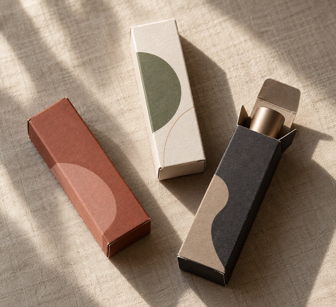 Illustrative top-down view of three lipstick folding carton color and closure options