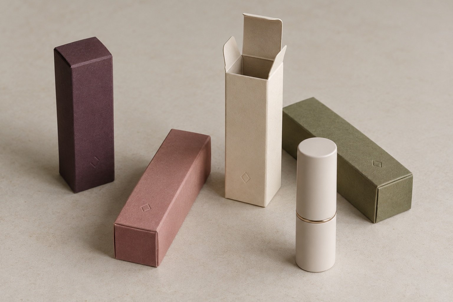 Illustrative lipstick carton shade range in plum, rose, cream and olive paper colors
