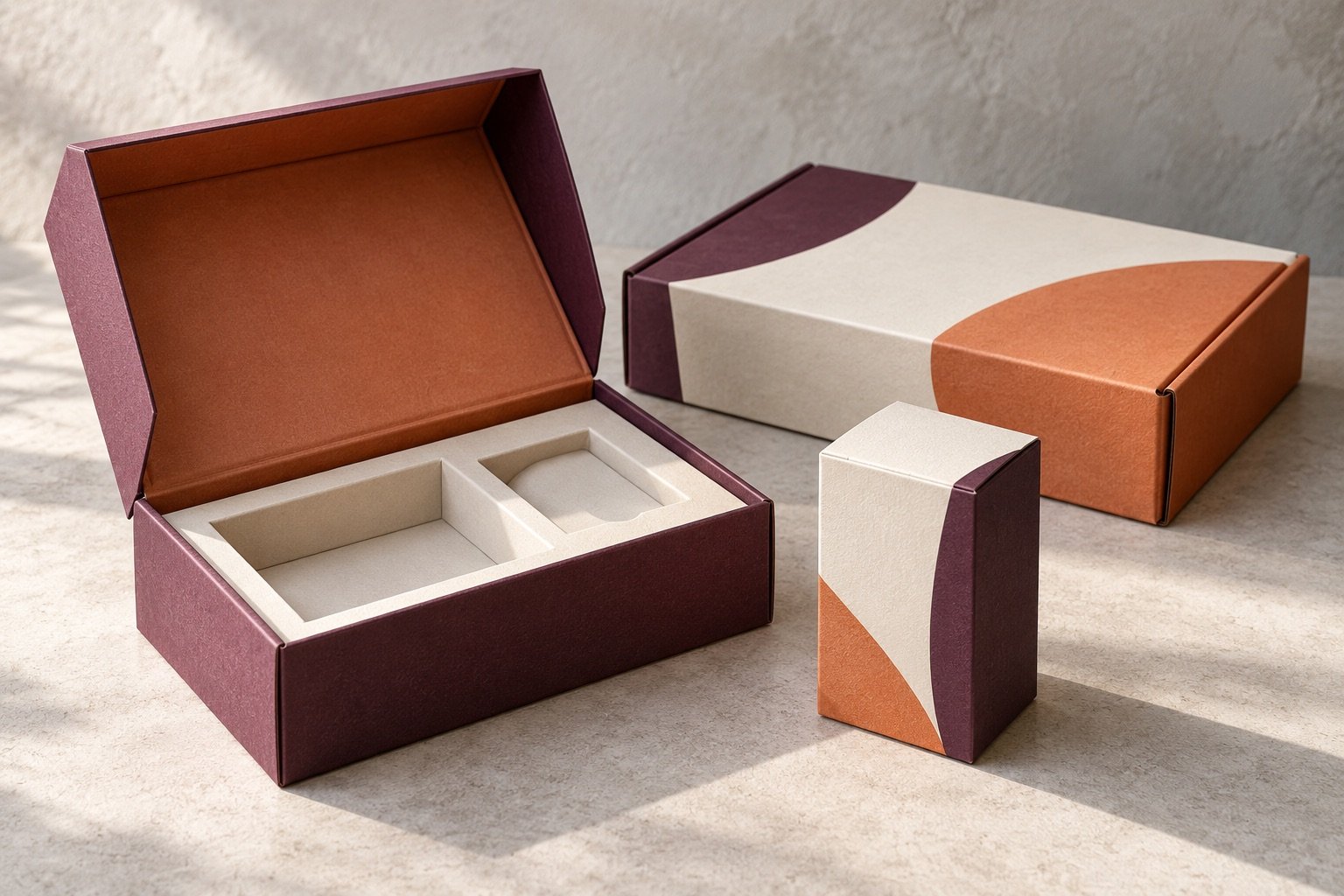 Illustrative plum, ivory and terracotta paper packaging collection with an open rigid presentation box, carton and mailer