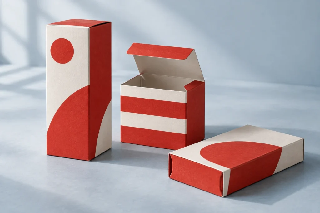 Illustrative red and white folding cartons with an open flap showing a thin paperboard edge