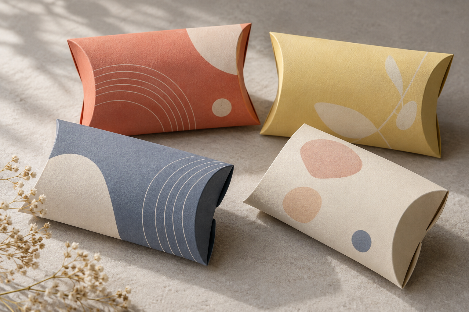 Four differently styled custom pillow box design concepts in coral, yellow, blue and cream
