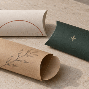 Three custom paperboard pillow box design concepts in ivory, green and kraft