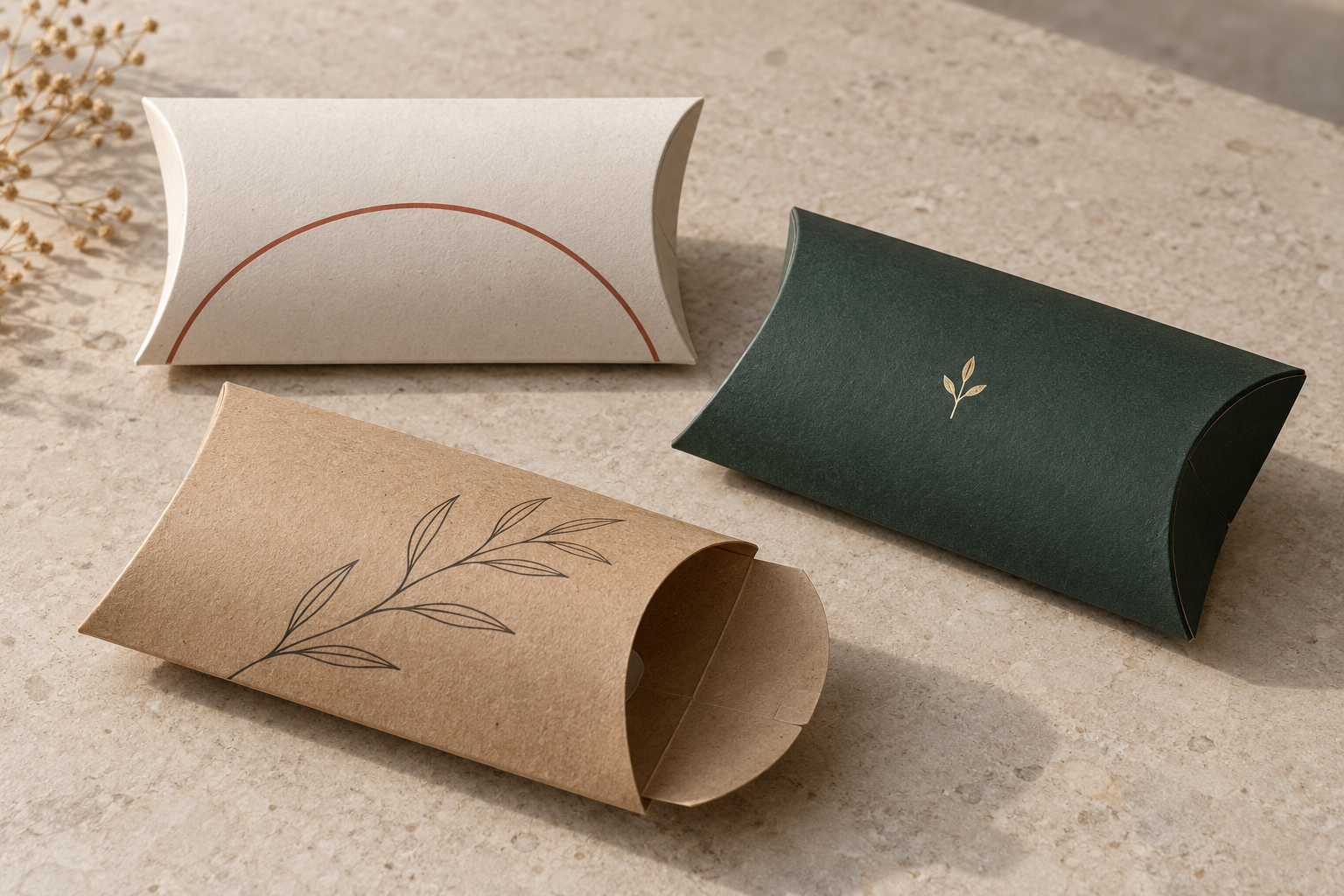 Three custom pillow box design concepts in ivory, forest green and kraft paperboard