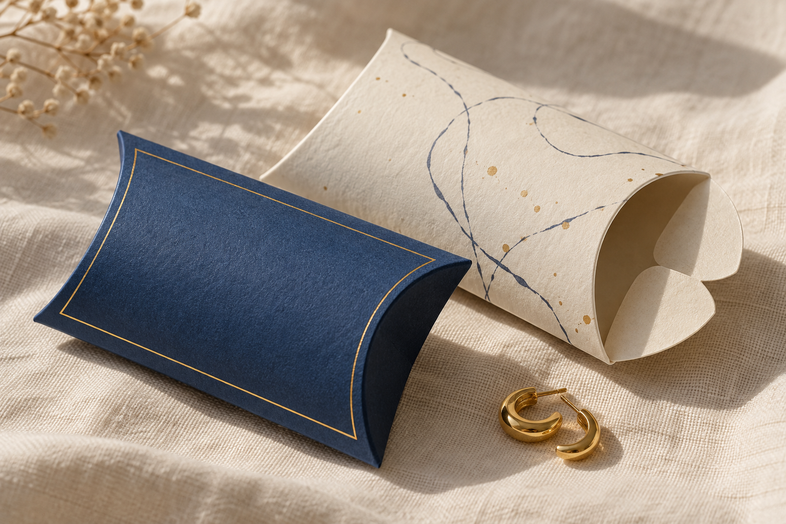 Blue and ivory pillow box concepts showing paperboard texture and curved end closure